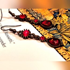 Romantic Red Rhinestone Earrings with Intricate Metalwork